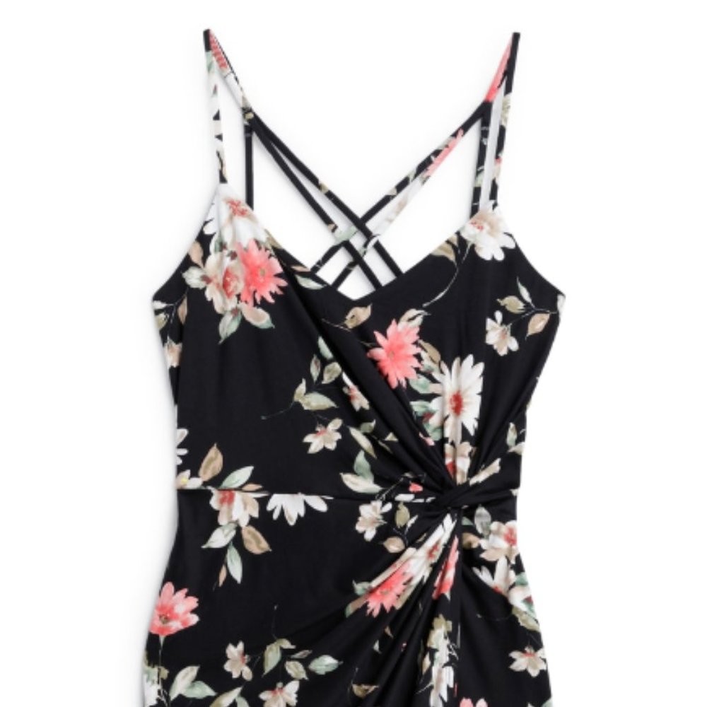 Nine Britton Dress, Valencia Knit Fitted Midi Dress, Black with floral print